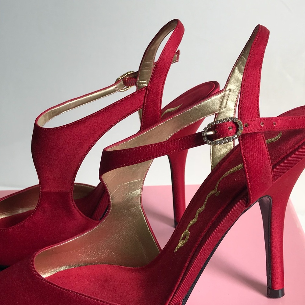 Hot Red Satin Evening Heels Shoes Diamonte Prom